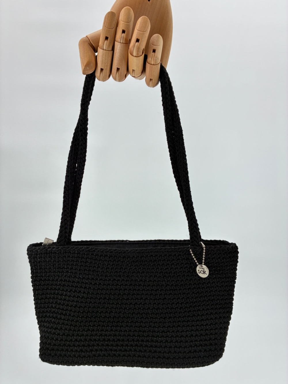 The Sak Mini Crochet East West Hand Bag Zip Purse Black VGC